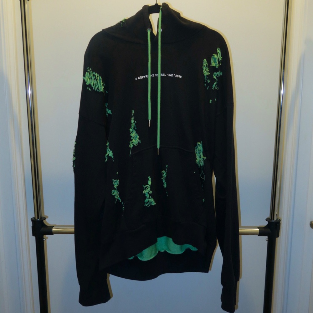 Diesel S Alby Black and Green Ripped Sweatshirt